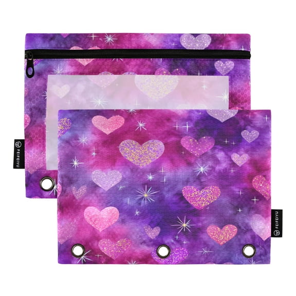 2 Pack 3 Ring Binder Pouch with Clear PVC Window Water Resistant Zipper Pencil Pouch Glitter Heart Tie Dye Pattern Binder Pocket for Classroom Office Home Stationery Organization