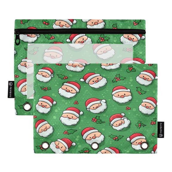 2 Pack 3 Ring Binder Pouch with Clear PVC Window Water Resistant Zipper Pencil Pouch Green Pattern Of Cartoon Faces Binder Pocket for Classroom Office Home Stationery Organization