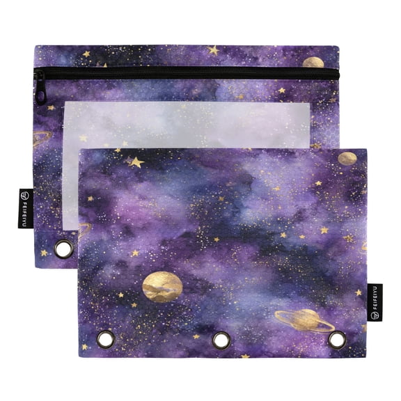 2 Pack 3 Ring Binder Pouch with Clear PVC Window Water Resistant Zipper Pencil Pouch Luxury Space Planets Pattern Binder Pocket for Classroom Office Home Stationery Organization