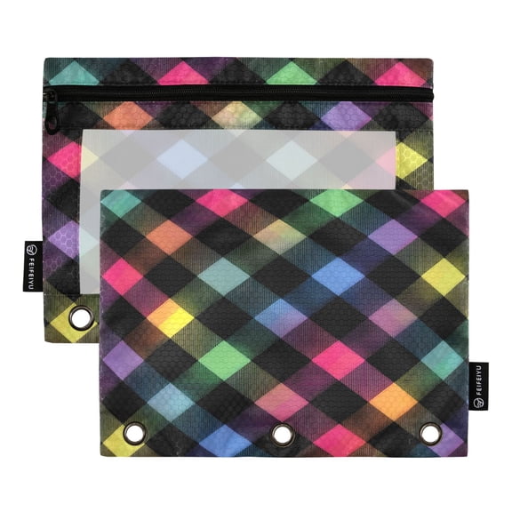 2 Pack 3 Ring Binder Pouch with Clear PVC Window Water Resistant Zipper Pencil Pouch Neon Rainbow Checkered Pattern Binder Pocket for Classroom Office Home Stationery Organization