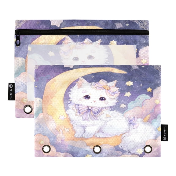 2 Pack 3 Ring Binder Pouch with Clear PVC Window Water Resistant Zipper Pencil Pouch Princess Cat and Moon Binder Pocket for Classroom Office Home Stationery Organization