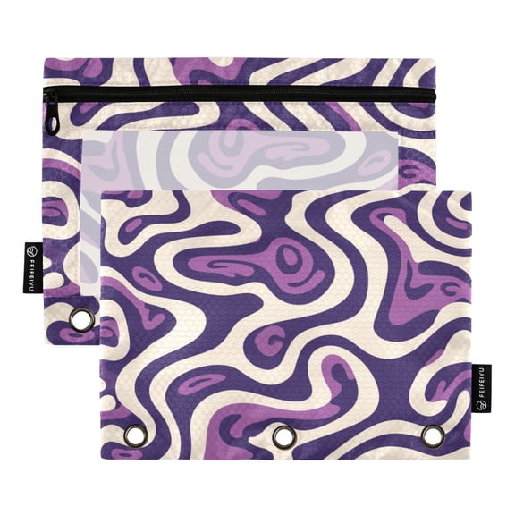 2 Pack 3 Ring Binder Pouch with Clear PVC Window Water Resistant Zipper Pencil Pouch Purple Abstract Artwork Pattern Binder Pocket for Classroom Office Home Stationery Organization