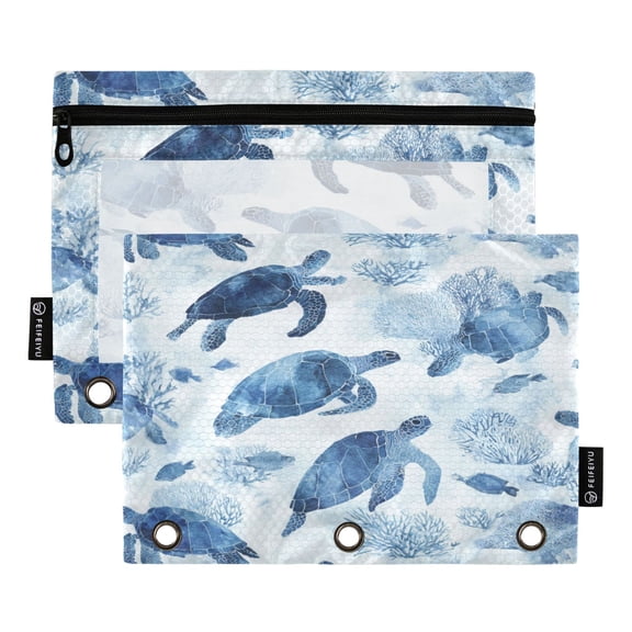 2 Pack 3 Ring Binder Pouch with Clear PVC Window Water Resistant Zipper Pencil Pouch Sea Turtles and Fish Swimming Binder Pocket for Classroom Office Home Stationery Organization