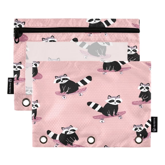 2 Pack 3 Ring Binder Pouch with Clear PVC Window Water Resistant Zipper Pencil Pouch Skateboarding Raccoon Pattern Binder Pocket for Classroom Office Home Stationery Organization