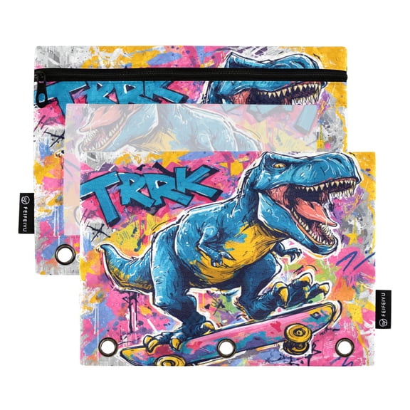 2 Pack 3 Ring Binder Pouch with Clear PVC Window Water Resistant Zipper Pencil Pouch Street Art Dinosaur Design Binder Pocket for Classroom Office Home Stationery Organization