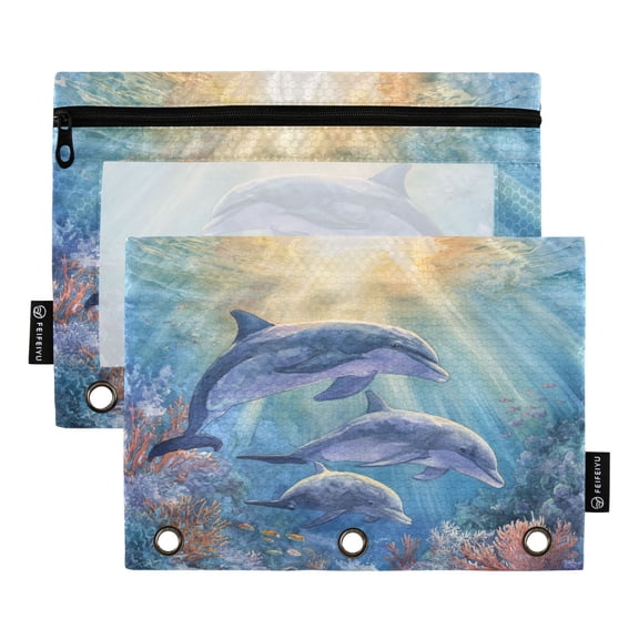 2 Pack 3 Ring Binder Pouch with Clear PVC Window Water Resistant Zipper Pencil Pouch Sunlit Dolphin Pod Print Binder Pocket for Classroom Office Home Stationery Organization