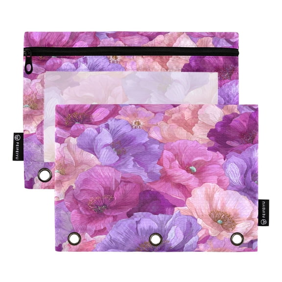 2 Pack 3 Ring Binder Pouch with Clear PVC Window Water Resistant Zipper Pencil Pouch Vibrant Fantasy Rose Pattern Binder Pocket for Classroom Office Home Stationery Organization