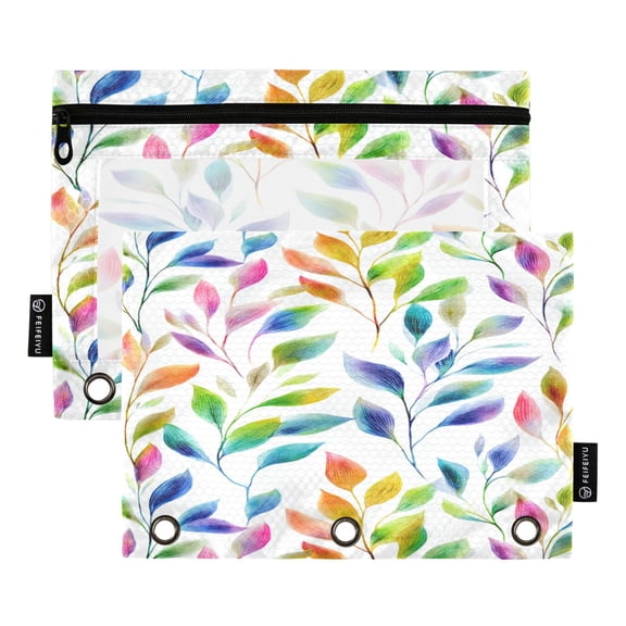 2 Pack 3 Ring Binder Pouch with Clear PVC Window Water Resistant Zipper Pencil Pouch Watercolor Floral Leaves Pattern Binder Pocket for Classroom Office Home Stationery Organization