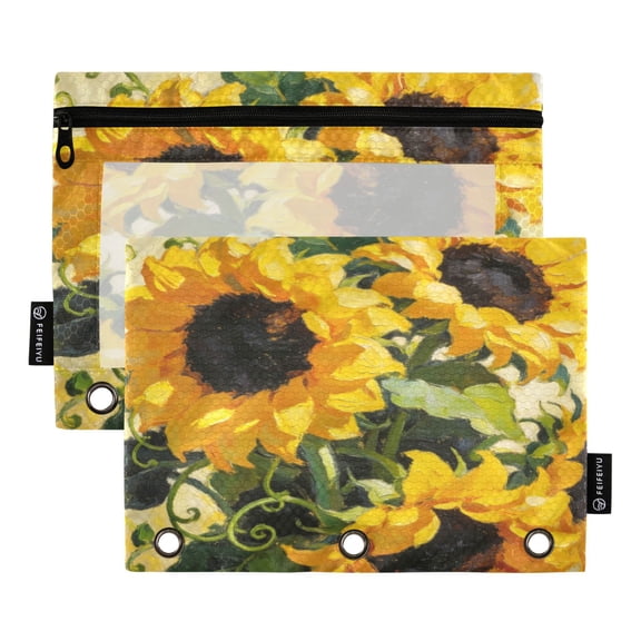2 Pcs 3 Ring Binder Pouches, Foldable File Folders with Clear PVC Window, Stationery Storage Bag for School Office Home Aquarela De Girassol
