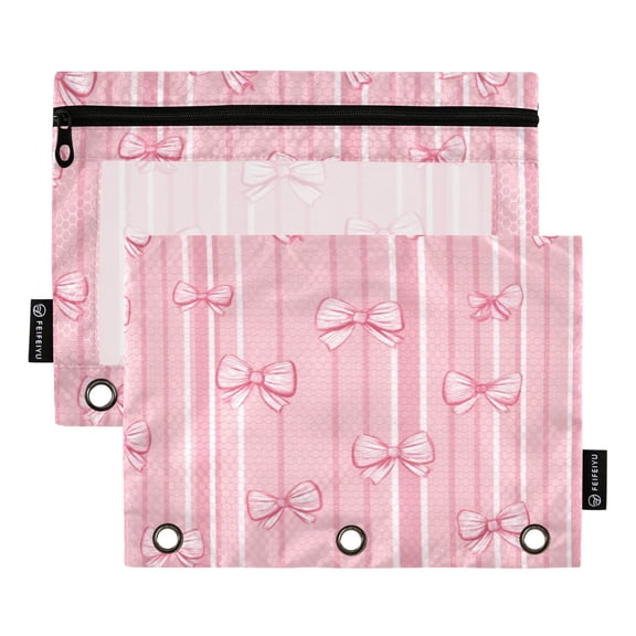 2 Pcs 3 Ring Binder Pouches, Foldable File Folders with Clear PVC Window, Stationery Storage Bag for School Office Home Belted Checkered Pattern