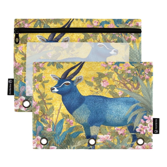 2 Pcs 3 Ring Binder Pouches, Foldable File Folders with Clear PVC Window, Stationery Storage Bag for School Office Home Blue Antelope in Spring
