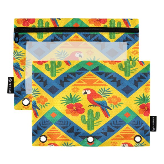 2 Pcs 3 Ring Binder Pouches, Foldable File Folders with Clear PVC Window, Stationery Storage Bag for School Office Home Cactus Bird