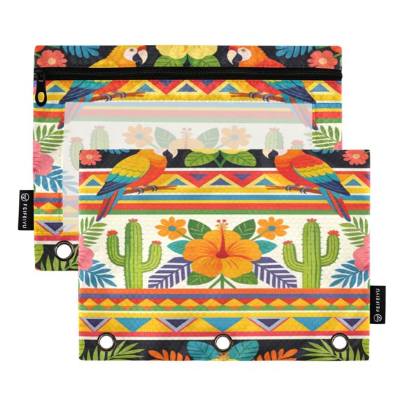 2 Pcs 3 Ring Binder Pouches, Foldable File Folders with Clear PVC Window, Stationery Storage Bag for School Office Home Cactus Flower