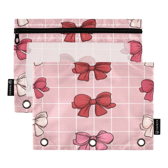 2 Pcs 3 Ring Binder Pouches, Foldable File Folders with Clear PVC Window, Stationery Storage Bag for School Office Home Checkered Bow Tie