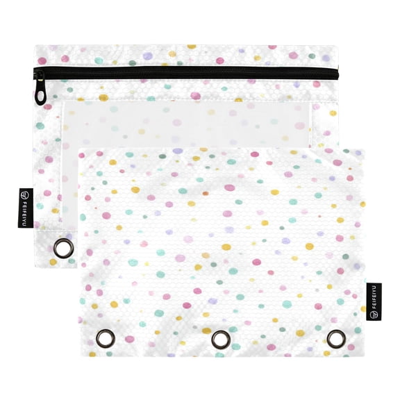 2 Pcs 3 Ring Binder Pouches, Foldable File Folders with Clear PVC Window, Stationery Storage Bag for School Office Home Colorful Small Circles