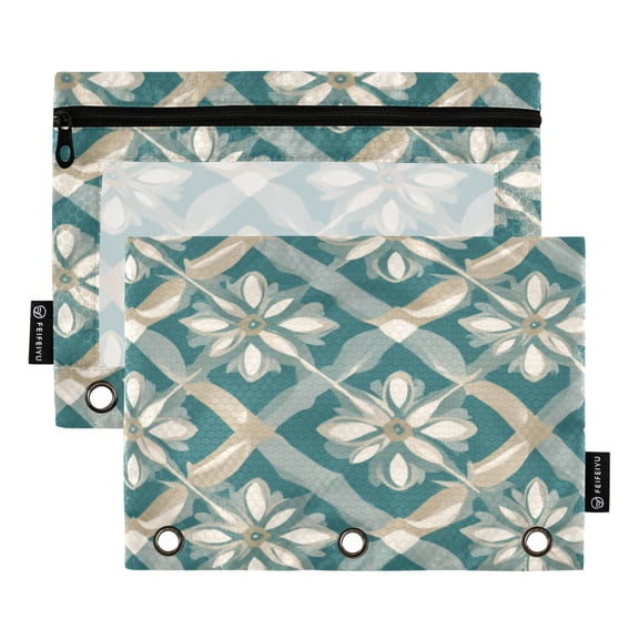 2 Pcs 3 Ring Binder Pouches, Foldable File Folders with Clear PVC Window, Stationery Storage Bag for School Office Home Dark Green Checkered Pattern