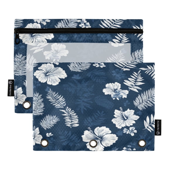 2 Pcs 3 Ring Binder Pouches, Foldable File Folders with Clear PVC Window, Stationery Storage Bag for School Office Home Deep Blue White Flowers
