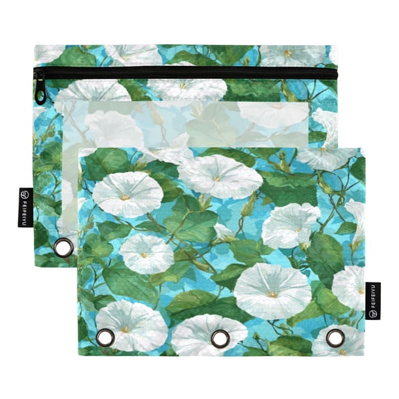 2 Pcs 3 Ring Binder Pouches, Foldable File Folders with Clear PVC Window, Stationery Storage Bag for School Office Home Folha De Flor Azul Claro