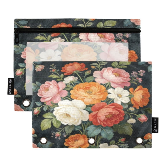 2 Pcs 3 Ring Binder Pouches, Foldable File Folders with Clear PVC Window, Stationery Storage Bag for School Office Home Mixed Bouquet