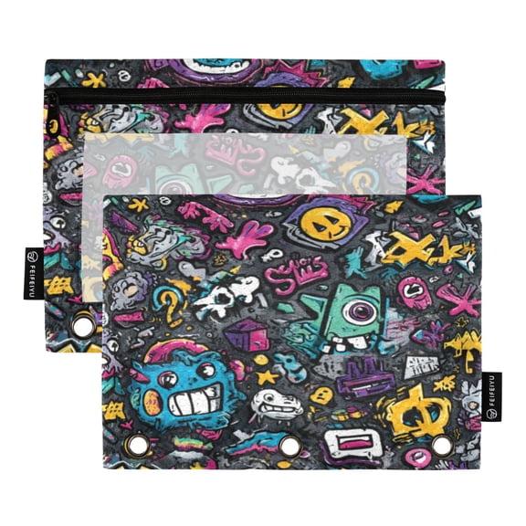 2 Pcs 3 Ring Binder Pouches, Foldable File Folders with Clear PVC Window, Stationery Storage Bag for School Office Home Monster