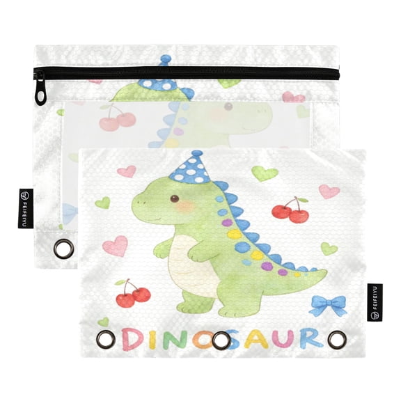 2 Pcs 3 Ring Binder Pouches, Foldable File Folders with Clear PVC Window, Stationery Storage Bag for School Office Home Party Hat Dinosaur