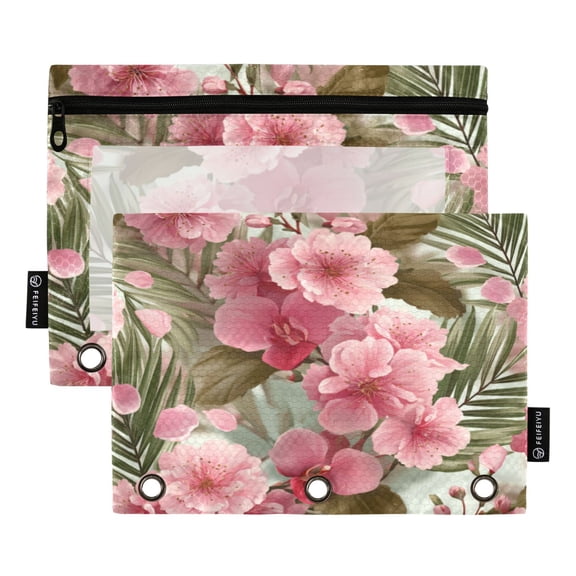 2 Pcs 3 Ring Binder Pouches, Foldable File Folders with Clear PVC Window, Stationery Storage Bag for School Office Home Pink Azalea Language