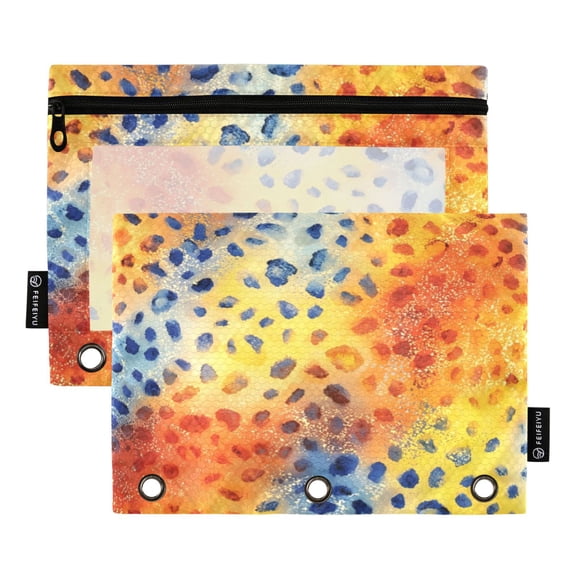 2 Pcs 3 Ring Binder Pouches, Foldable File Folders with Clear PVC Window, Stationery Storage Bag for School Office Home Purple Leopard