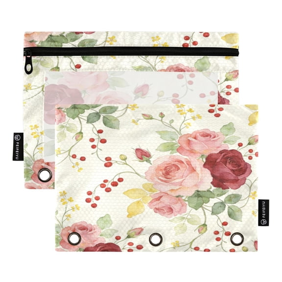 2 Pcs 3 Ring Binder Pouches, Foldable File Folders with Clear PVC Window, Stationery Storage Bag for School Office Home Rose