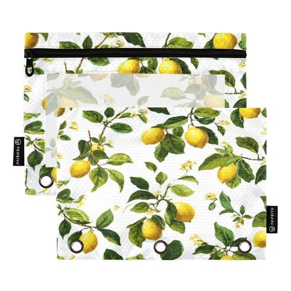2 Pcs 3 Ring Binder Pouches, Foldable File Folders with Clear PVC Window, Stationery Storage Bag for School Office Home Several Lemons