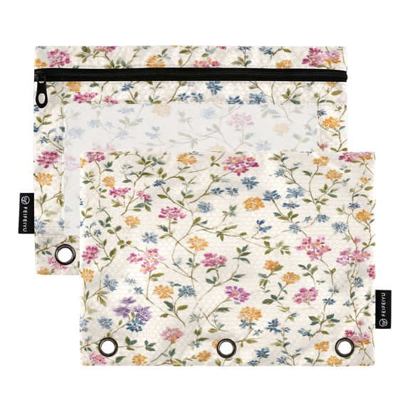 2 Pcs 3 Ring Binder Pouches, Foldable File Folders with Clear PVC Window, Stationery Storage Bag for School Office Home Yellow Broken Flowers