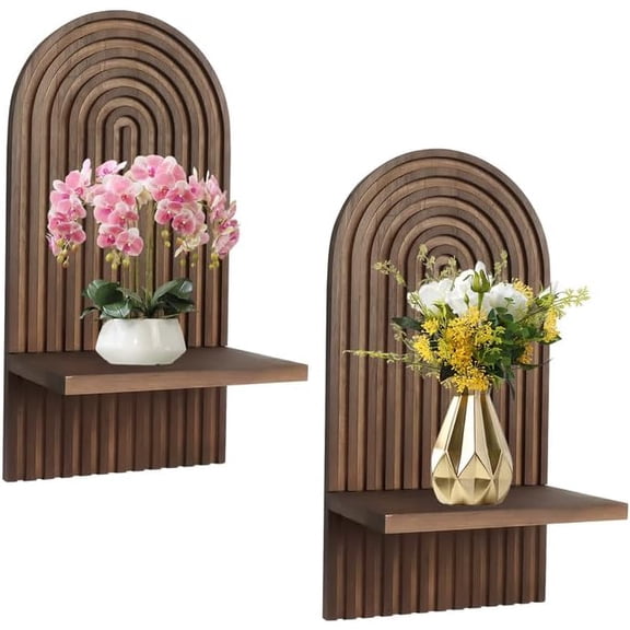 2 Pcs 3 Tier Boho Wooden Rainbow Wall Shelves Floating Shelves for Wall Rainbow Arch Boho Floating Shelves Vintage Wall Mount Altar Decor for Living Rooms Bathroom Display (Brown 1 Tier)