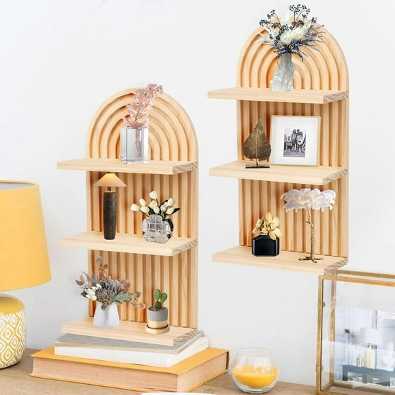 2 Pcs 3 Tier Boho Wooden Rainbow Wall Shelves Floating Shelves for Wall Rainbow Arch Boho Floating Shelves Vintage Wall Mount Altar Decor for Living Rooms Bathroom Display (Beige)