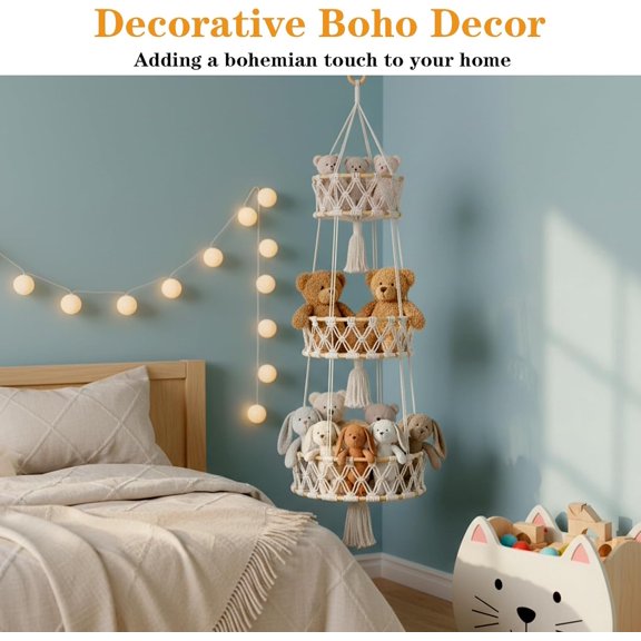 2 Pcs 3 Tier Hanging Baskets, Cotton Hanging Fruit Basket, Macrame Basket for Fruit and Vegetable Storage, Woven Wall Storage Baskets for Kitchen and Bathroom$$Home Decor, Kitchen, & Other