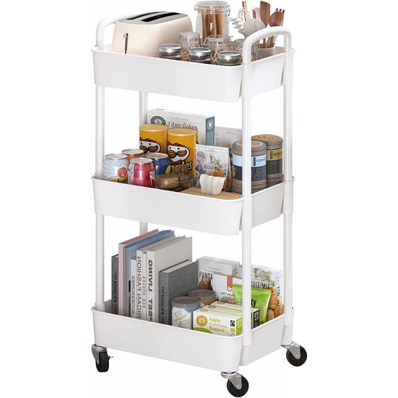 2 Pcs 3-Tier Rolling Utility Cart,Multifunctional Mobile Storage Shelves with Drawer and Lockable Wheels for Room,Office,Kitchen,Bathroom, White