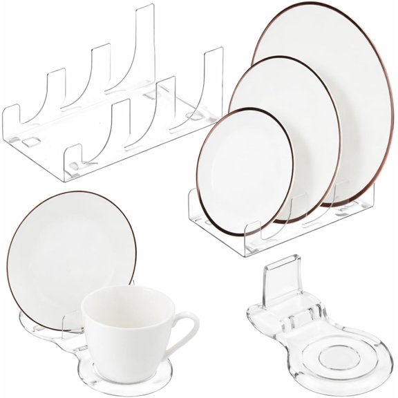 2 Pcs 3 Tiers Acrylic China Plate Display Stand Clear Dinnerware Easel Plate Holder for Display with 2 Pcs Transparent Plastic Tea Cup Stand for Kitchen Utensils Tableware