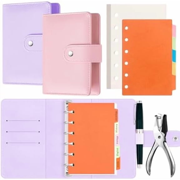 2 Pcs 3" x 5" Index Card Binder with Dividers A7 Refillable 6 Ring Money Saving Binder Leather Budget with 10 Card Guides 160 Index Cards and Hole Punch for Business Office Home$$Office