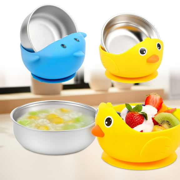 2 Pcs 304 Stainless Steel Baby Bowl with Suction and Removable Silicone Sleeve Cute Animal Design Toddler Bowl for Baby Feeding Soup Noodle Pasta Snack