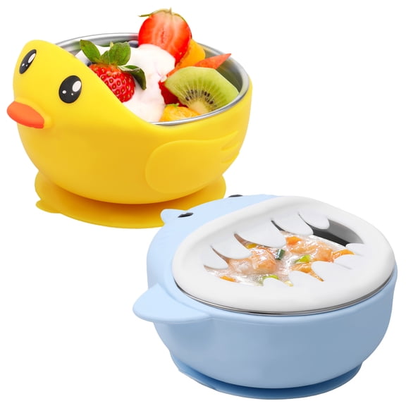 2 Pcs 304 Stainless Steel Baby Bowl with Suction Nonslip Toddler Bowl with Removable Silicone Sleeve for Baby Feeding Soup Noodle Pasta Snack