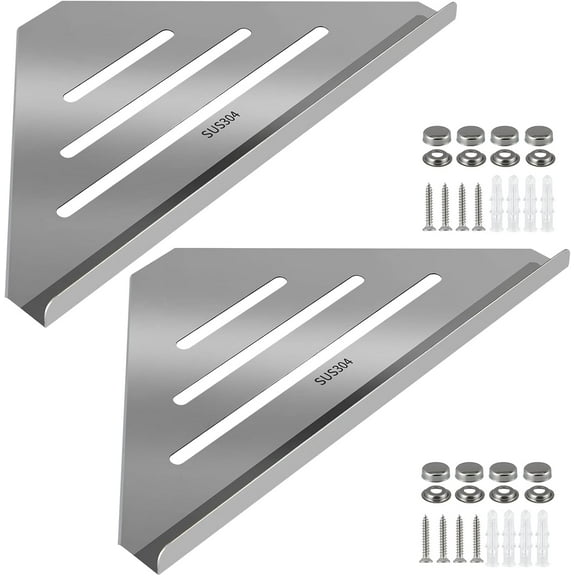 2 Pcs 304 Stainless Steel Corner Shelf with Screws, Triangle Shower Caddy, Wall Mount Soap Holder for Bathroom, Kitchen Organization (Polished Silver)