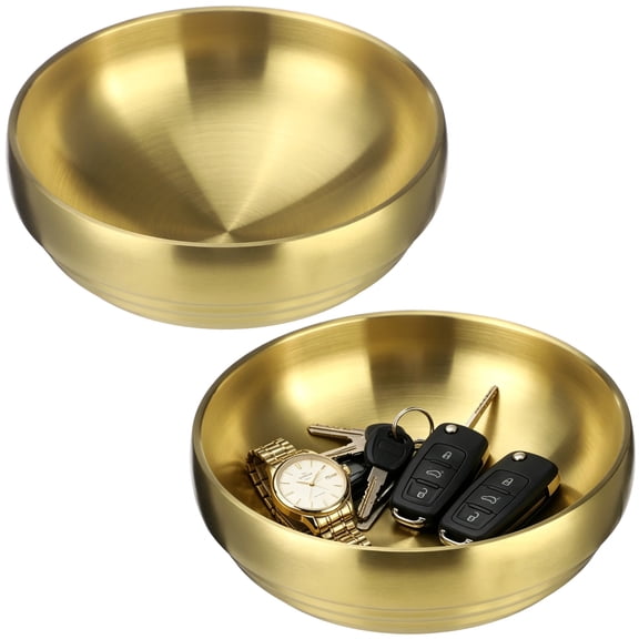 2 Pcs 304 Stainless Steel Key Bowl, Double-Layer Insulated Gold Decorative Dishware, Cold Noodle Serving Container, 7.3 x 2.7 in Rustproof Modern Metal Key Bowl for Kitchen Dining Entryway Table