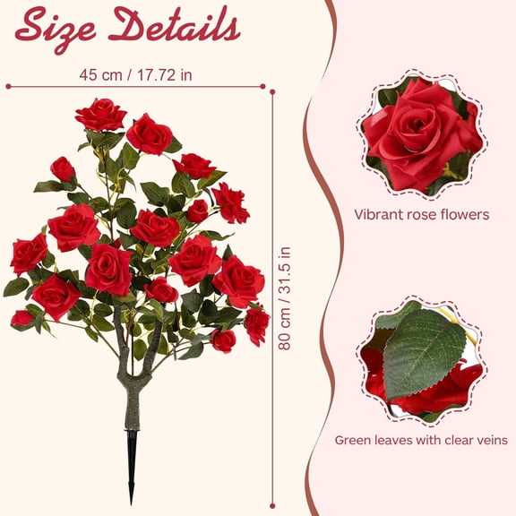 2 Pcs 32'' Artificial Rose Flower Tree Faux Rose Bush Outdoor Plants, Realistic Resistance Fake Floral Blooming Tree with Spike Greenery for Indoor Garden Front Porch Decor(Red)