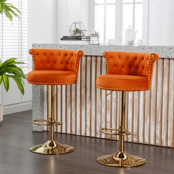 2 Pcs 360 ° Rotating Bar Chair with Adjustable Height, Velvet Bar Stool with Handmade Backrest, Modern Bar Chair with Comfortable Seat for Kitchen Cafe, Orange