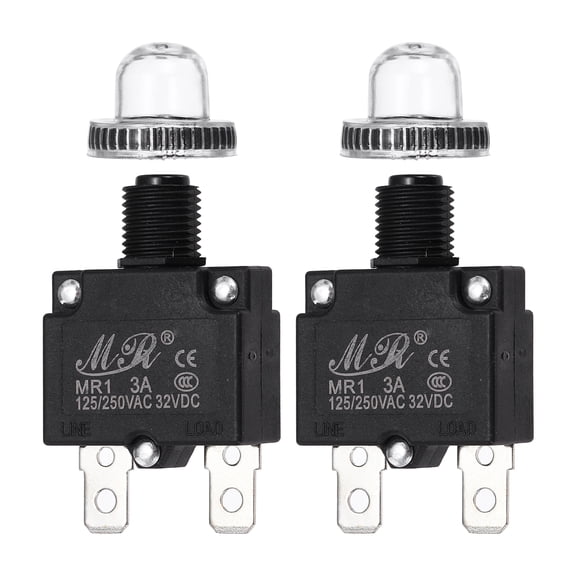2 Pcs 3Amp Push Button Circuit Breaker,125/250V AC 32V DC with Waterproof Caps