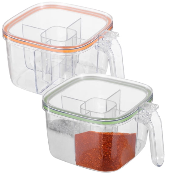2 Pcs 4-Compartment Seasoning Boxes, Sealed Seasoning Containers with Lids & Spoons, Transparent Spice Organizers, Space-Saving Condiment Jars for Salt, Sugar, Pepper