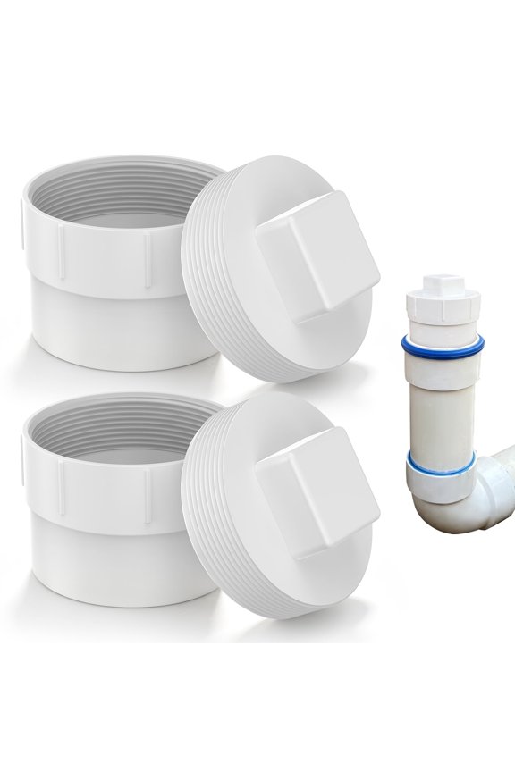 4" PVC Sewer Cleanout Cap (2-Pack), 4" Threaded Drain Pipe Plug Adapter for Sewer, Waste, and Vent (DWV) System, Non-Pressure Outdoor Garden & RV Sewer Access Cover