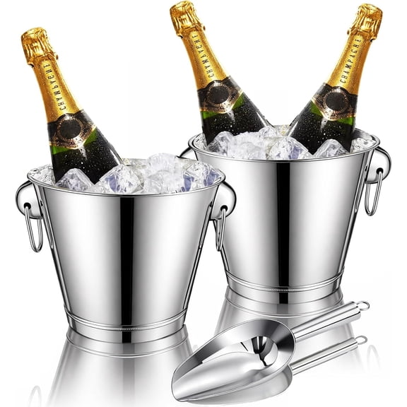 2 Pcs 4 Quart Metal Ice Bucket with 1 Pcs 6 oz Ice Scoop and Handles Champagne Bucket Stainless Steel Wine Container Drink Cooler Cocktails Wine Chiller Beer Tub for Bar Party BBQ Banquet