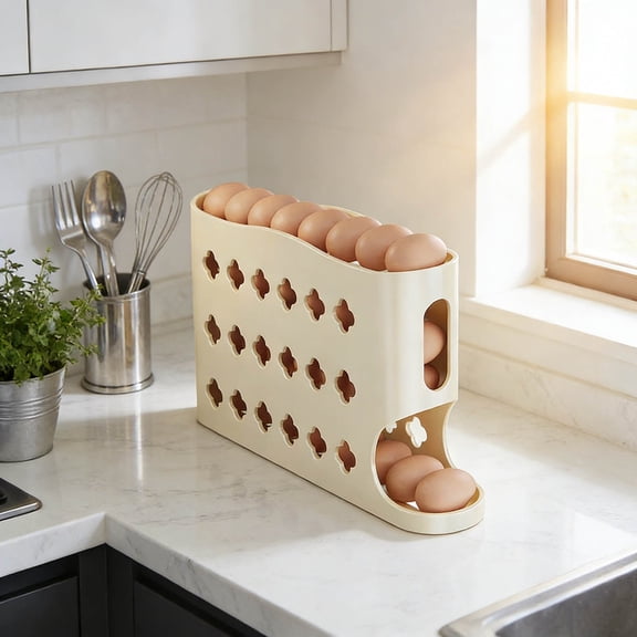 2 Pcs 4‑Tier Beige Automatic Rolling Egg Dispenser | Space‑Saving Fridge Egg Organizer Holds 30 Eggs, Easy‑Slide Design, Large‑Capacity Durable Kitchen Storage Rack with Anti‑Drop Safety Rails