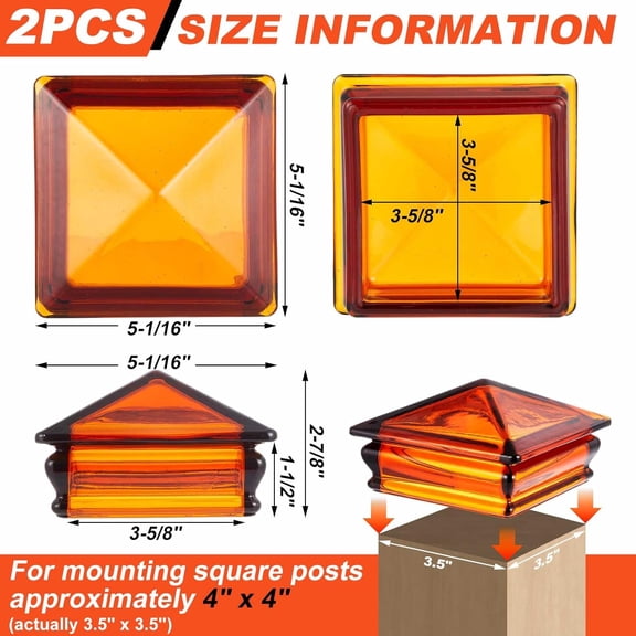 2 Pcs 4''x4'' ( 3.5''x3.5'') Glass Pyramid Post Cap, Newel Post Cap Fits 3.5" for Metal Wood Cedar Fence Deck Corridors Mailbox Posts End Cover, Amber