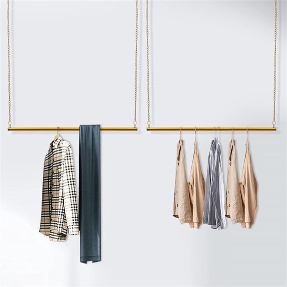 2 Pcs 47" Height Adjustable Gold Clothing Rack Hanging Rack Ceiling Metal Rack Boutiques Store Retail Display Wedding Dress Organization Iron Chain Commercial Garment Storage Hanger
