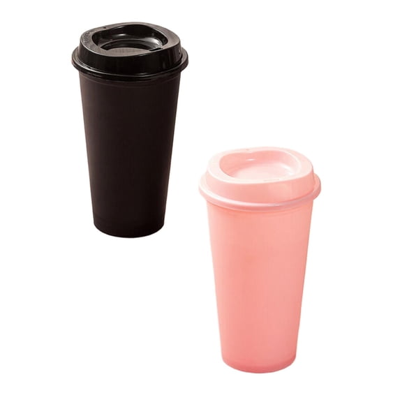 2 Pcs 475ml Reusable Coffee Cups with Lids, Portable Plastic Travel Hot&Cold Coffee Cups, Bulk Plastic Tumblers Drinks Mugs for Home, Restaurant, Coffer Shop, Bar & Travelling, Black + Pink
